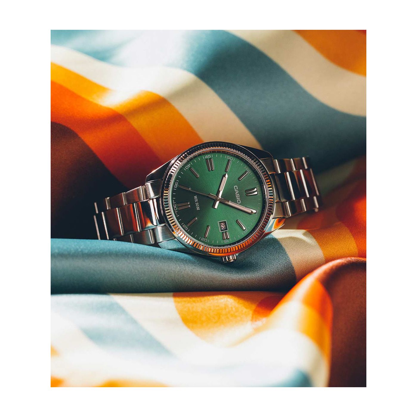 Casio steel strap silver Tone Green face watch MTP-1302PD-3A