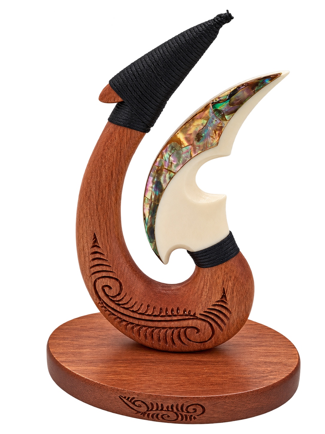 Wooden and Bone Ornament Koru Hook with Paua 100mm VT11
