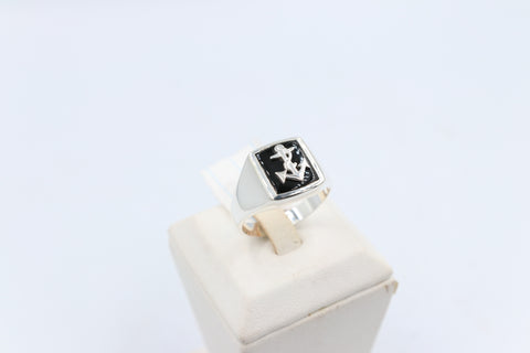 Stg Silver Mens Ring with Black Onyx  & silver Anchor