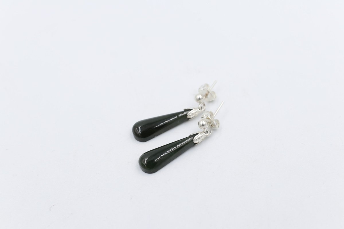 New Zealand Greenstone Drop Earrings with Stg silver setting