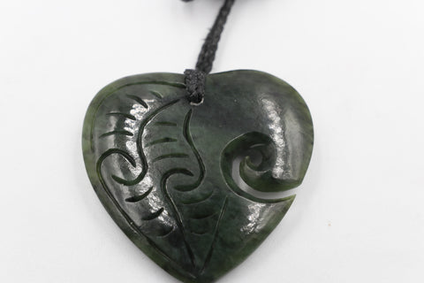 New Zealand Greenstone Engraved Heart Koru