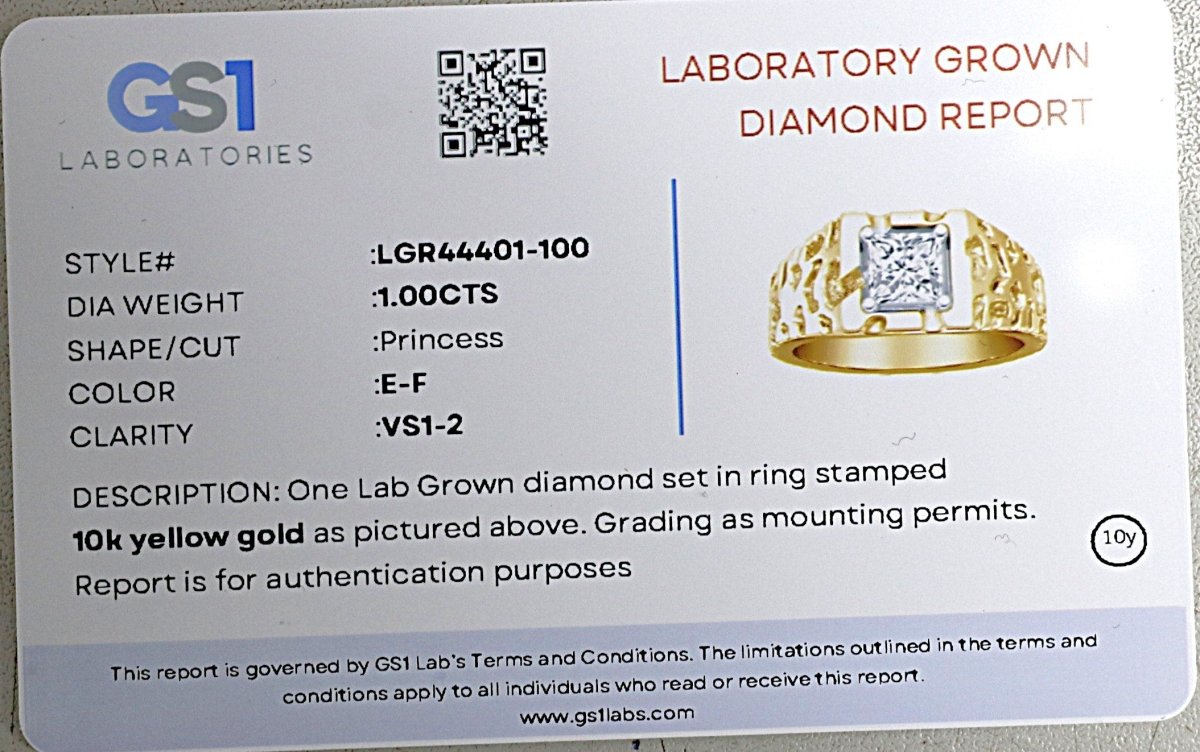 10K Gold Lab Grown 1ct Princess Cut Diamond Ring