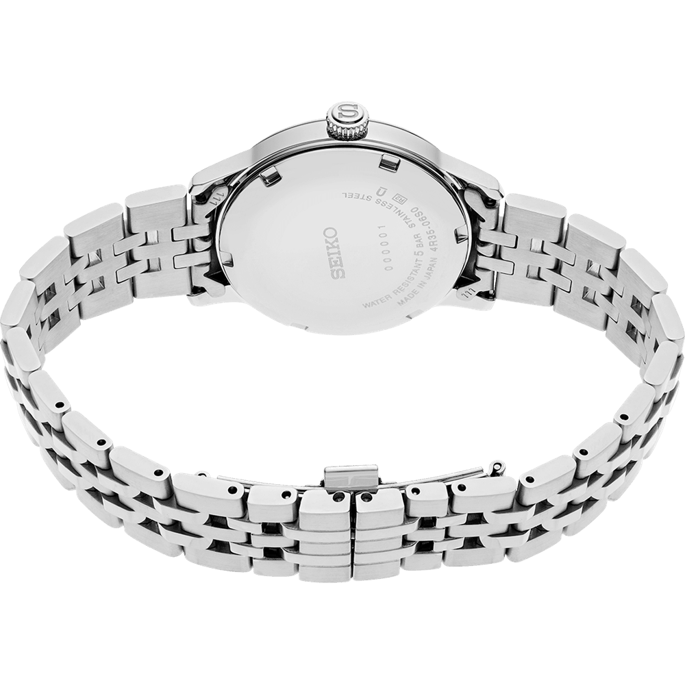 Silver Seiko watch with a metal bracelet on a white background