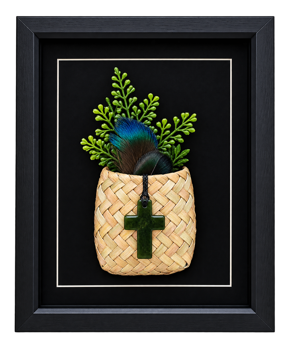 Framed New Zealand Greenstone Cross with Feathers & Kete
