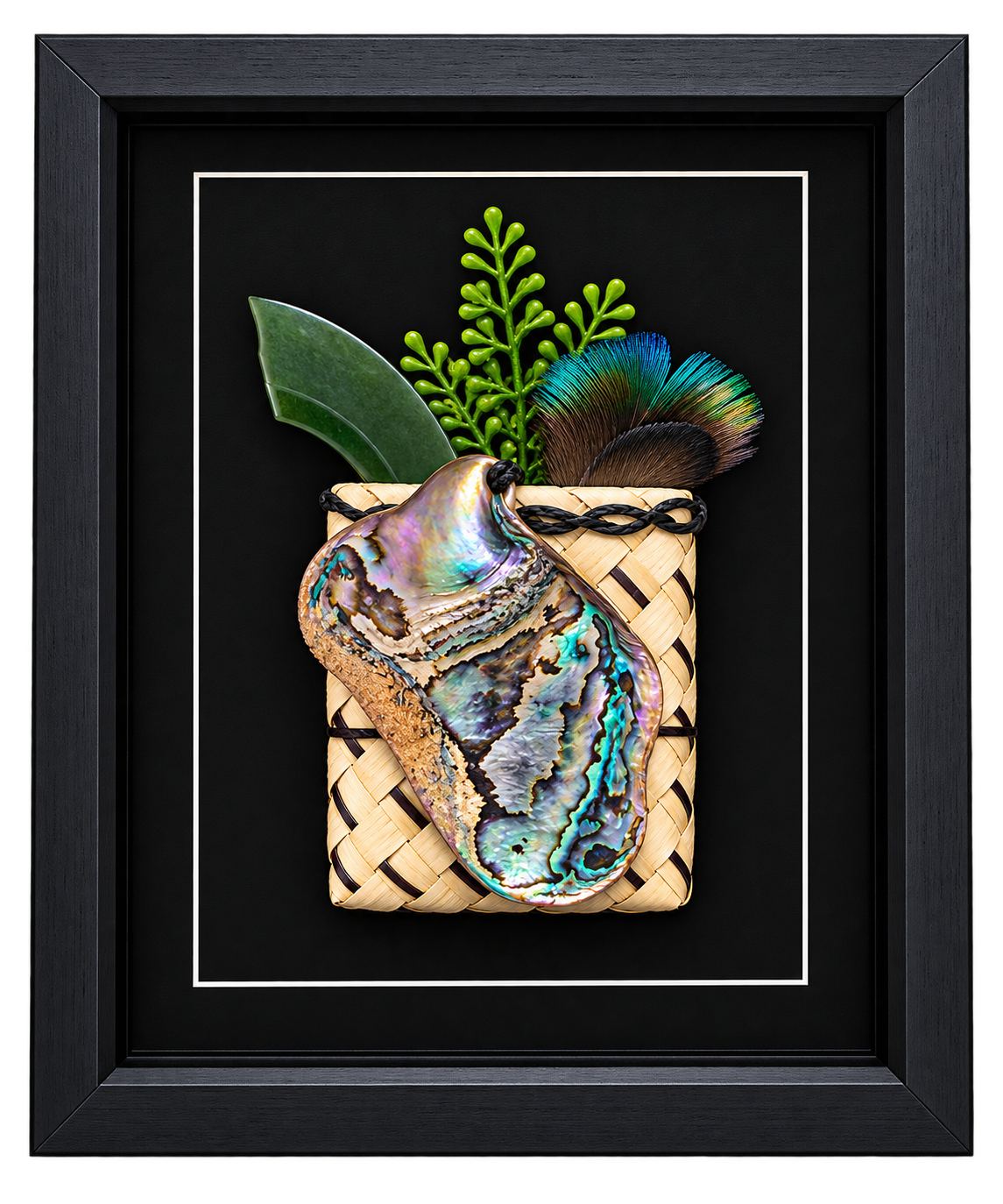 Framed New Zealand Paua Shell with Feathers & Kete