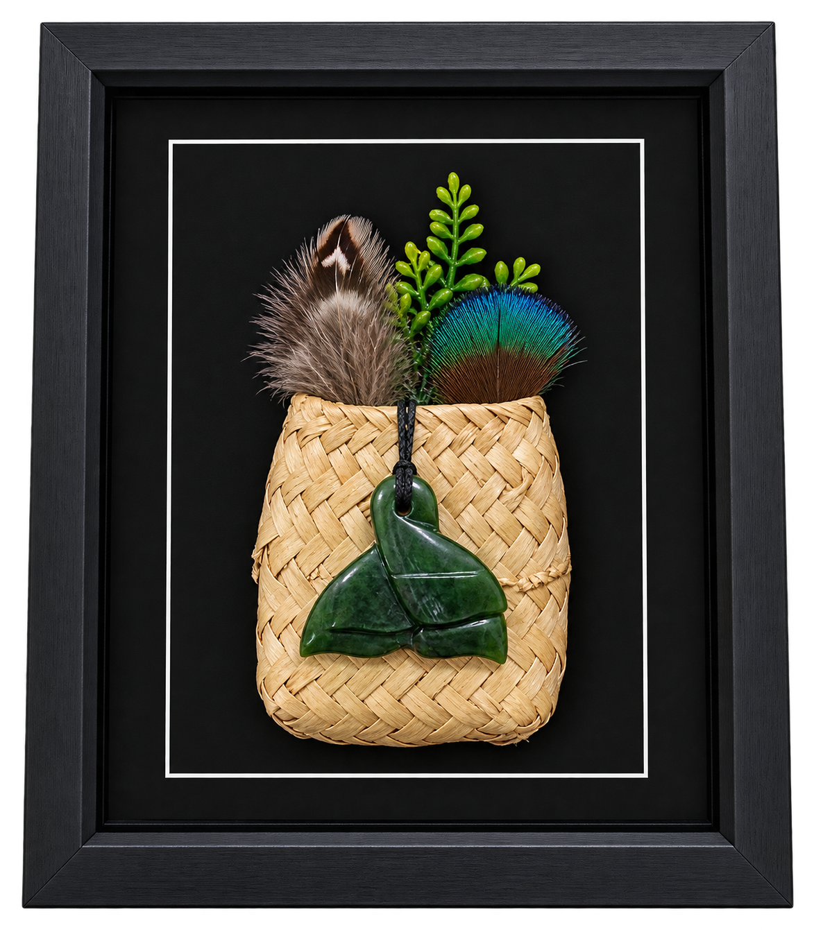 Framed New Zealand Greenstone Whale Tail with Feathers & Kete