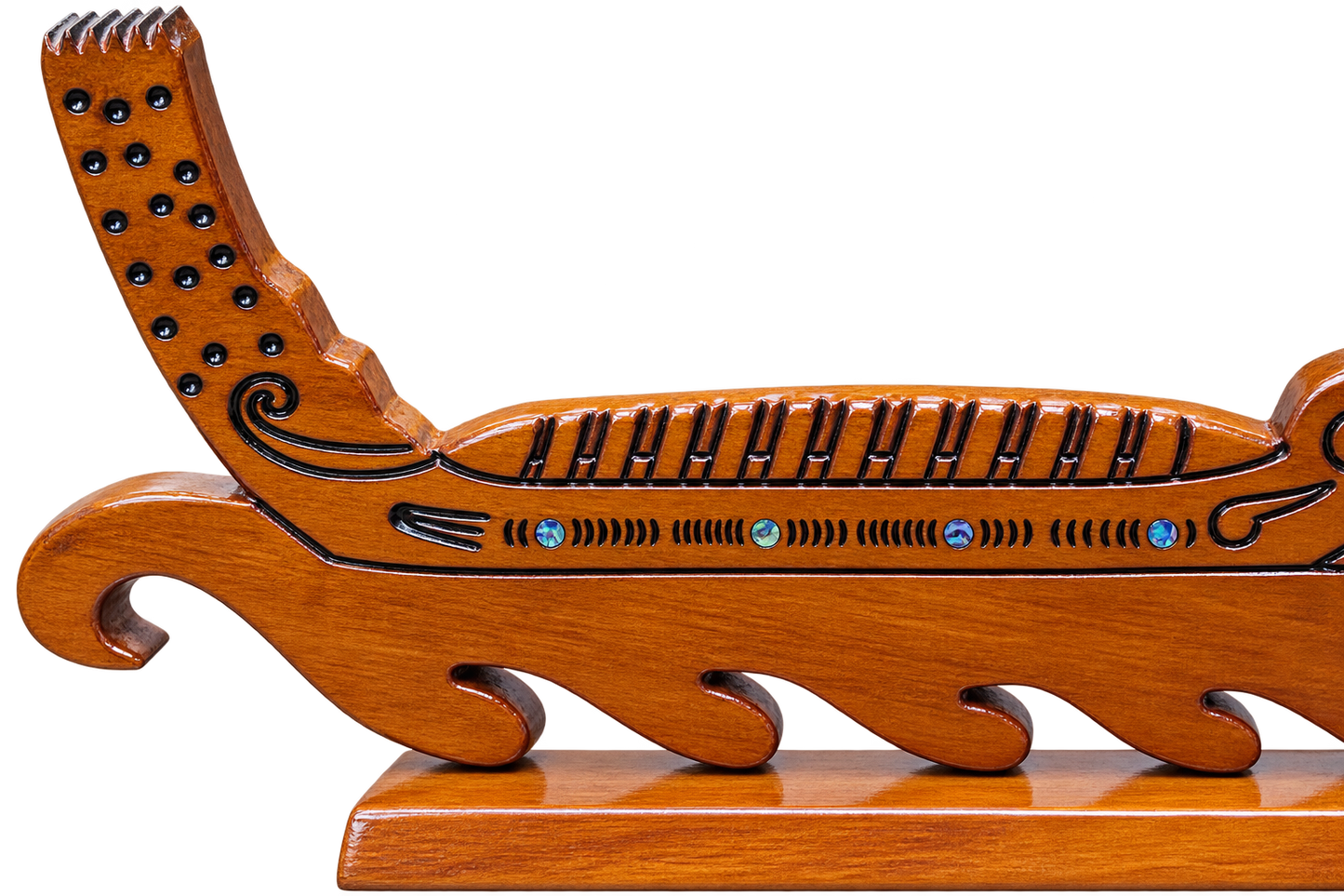 Handmade Swamp Kauri Waka 21st Key on stand 570mm