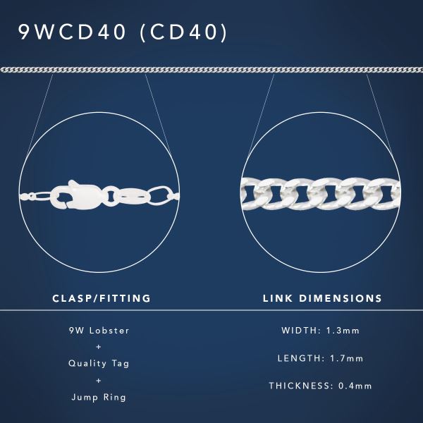 9ct White Gold Solid Curb Link Chain 45cms CD40