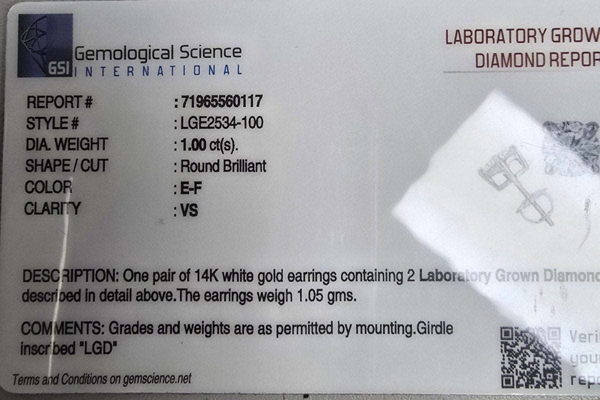 14kt Gold Set Lab Grown Diamond Stud Earrings 1carat