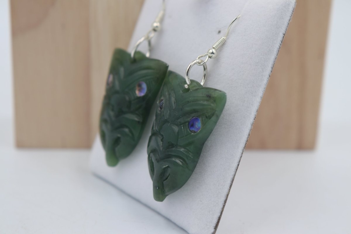 New Zealand Greenstone Drop Mask Earrings with Stg silver setting