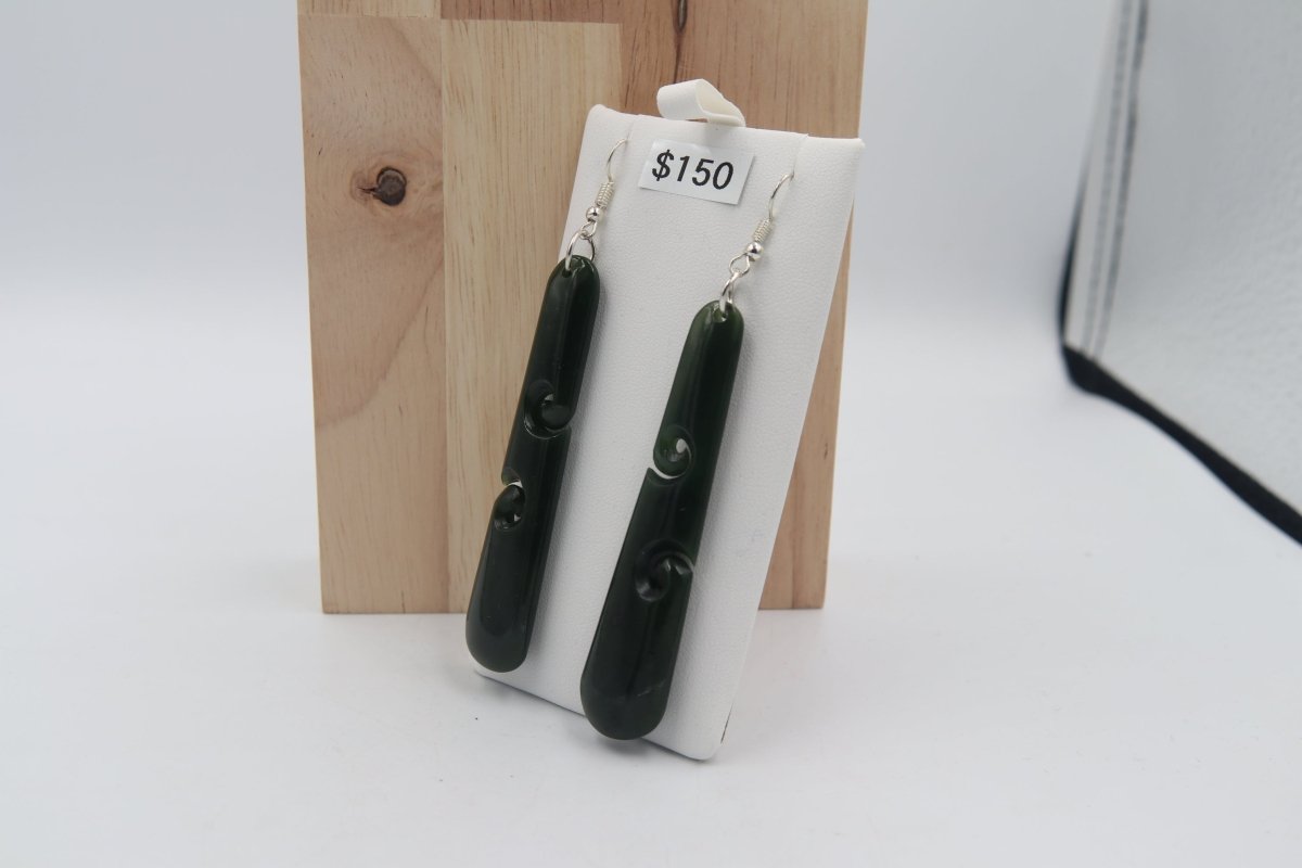 New Zealand Greenstone Drop Earrings with Stg silver setting