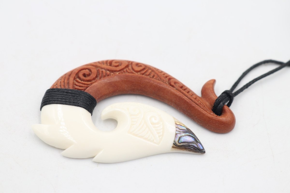 Bone Fish Hook with Wood and Paua