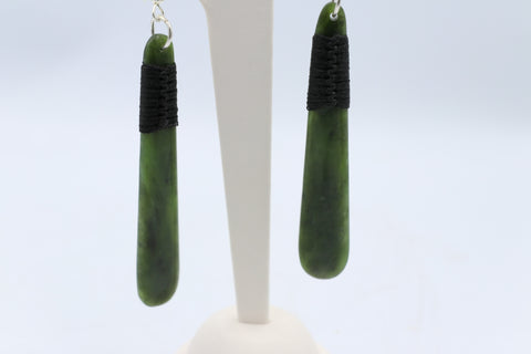 New Zealand Greenstone Drop Bound Earrings with Stg silver setting FE67