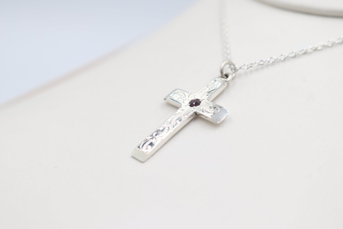 Stg Silver Engraved Cross with Garnet