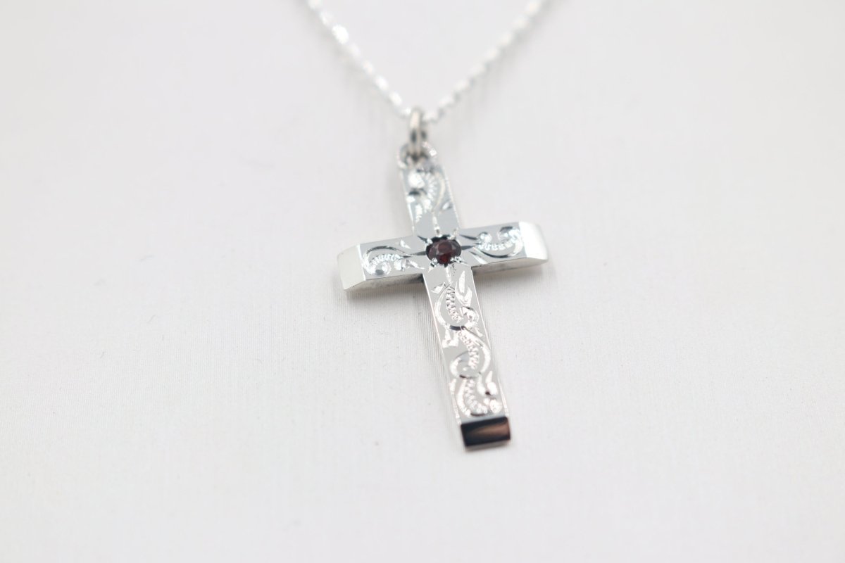 Stg Silver Engraved Cross with Garnet