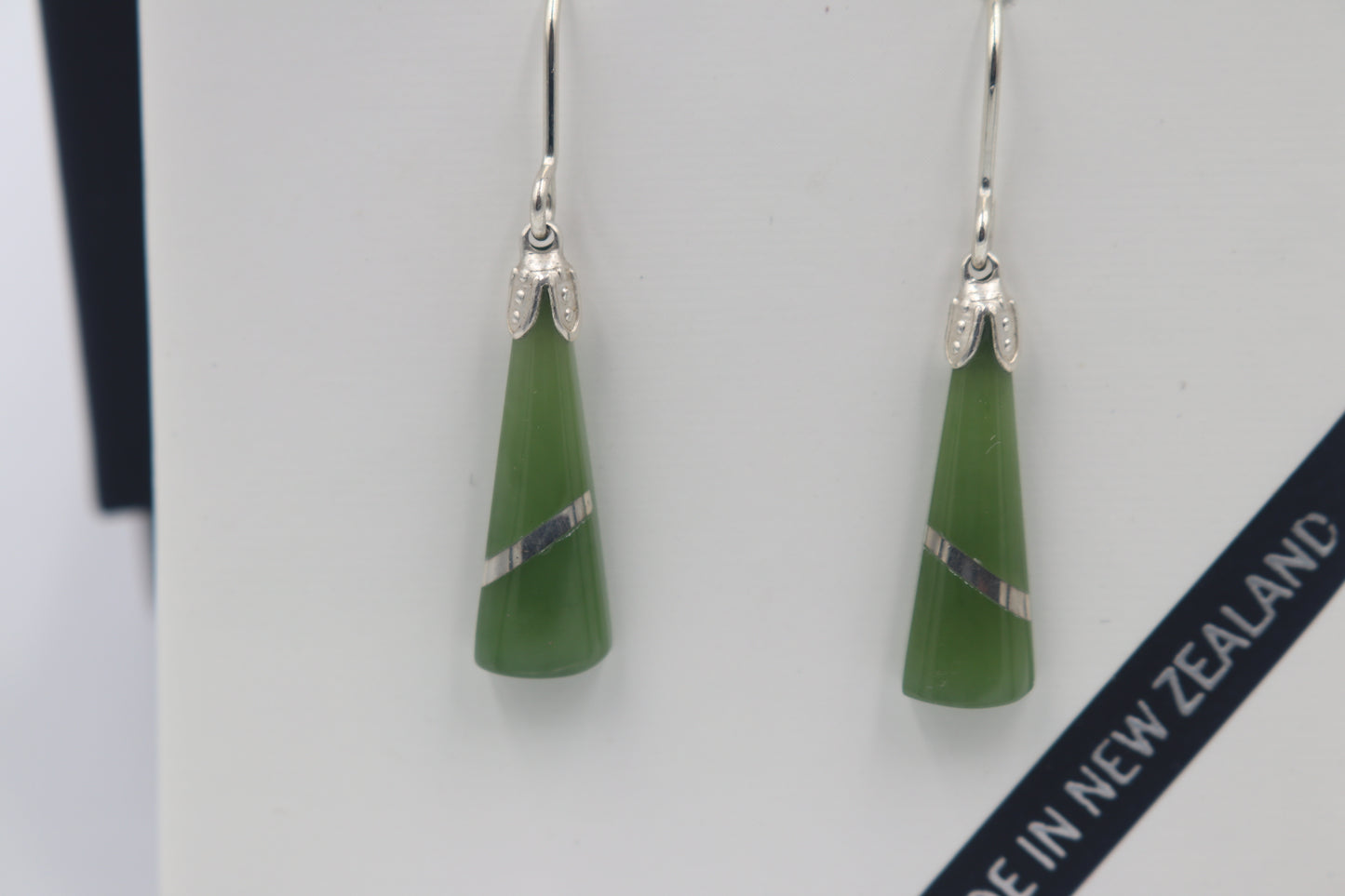 New Zealand Greenstone Drop Earrings with Stg silver setting