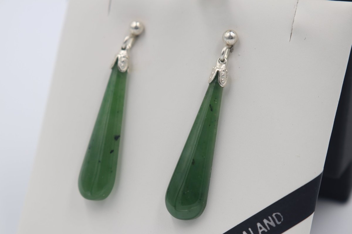 New Zealand Greenstone Drop Earrings with Stg silver setting