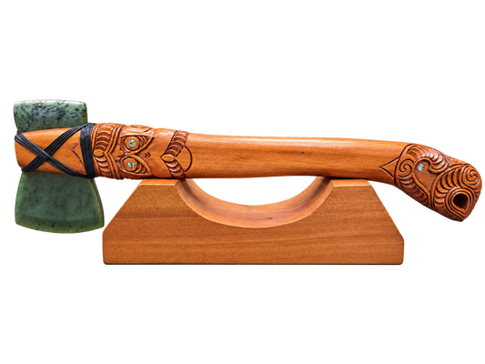 Wooden Axe Hand carved with Greenstone Blade with base
