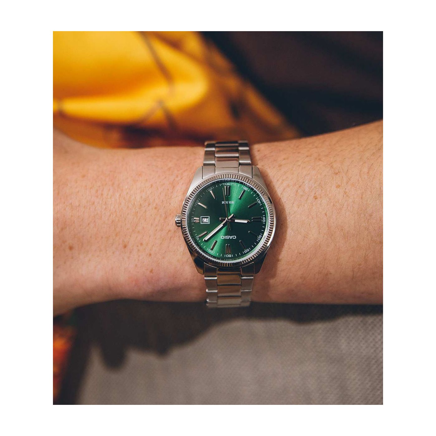 Casio steel strap silver Tone Green face  watch MTP-1302PD-3A