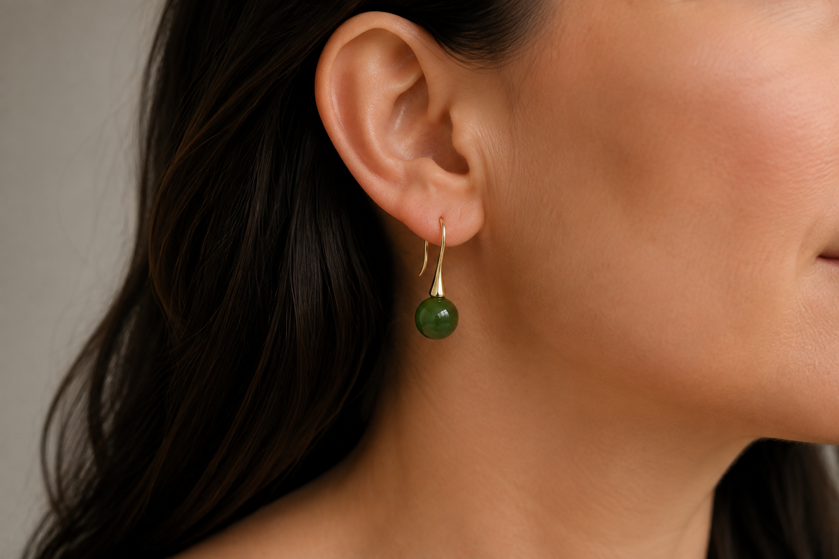 9ct Gold Set New Zealand Greenstone Drop Earrings SYE1253