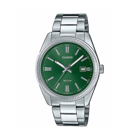 Casio steel strap silver Tone Green face  watch MTP-1302PD-3A