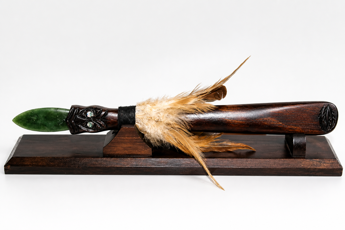 New Zealand Made Greenstone Taiaha with base