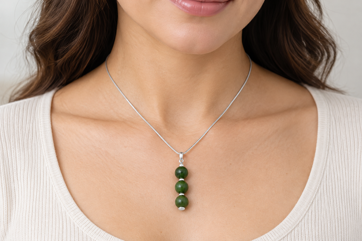 Stg Silver Set New Zealand Greenstone 3 Ball Drop Pendent