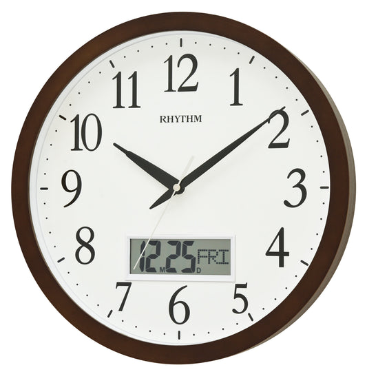 Rhythm Wooden Wall Clock with LCD Silent Silky Movement CFG903NR06