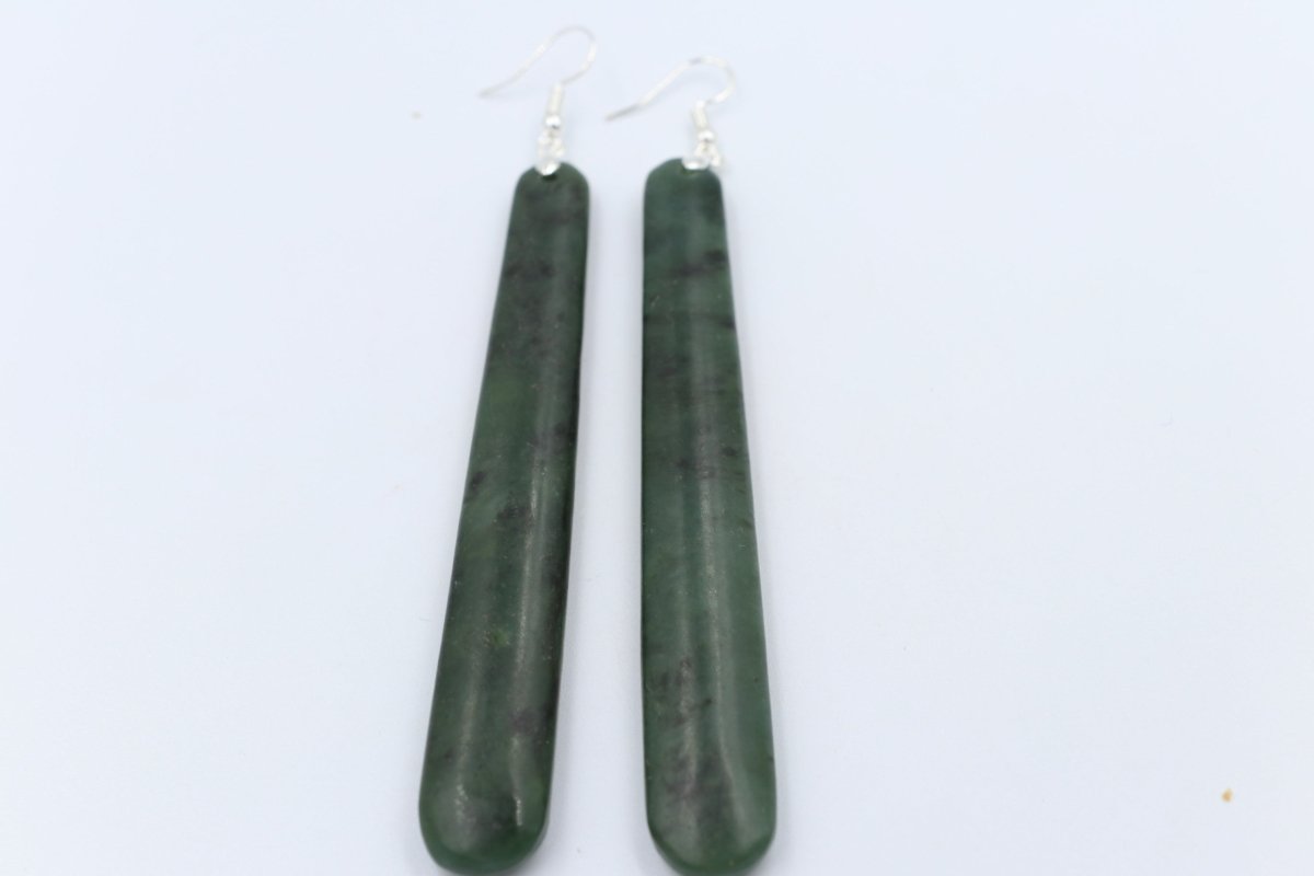 NZ Greenstone Earrings Drop Set in Stg Silver