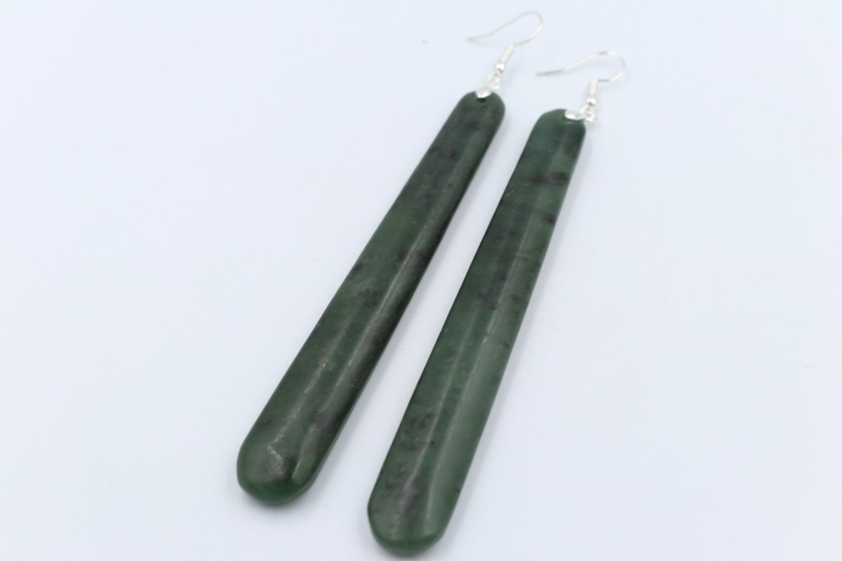 NZ Greenstone Earrings Drop Set in Stg Silver