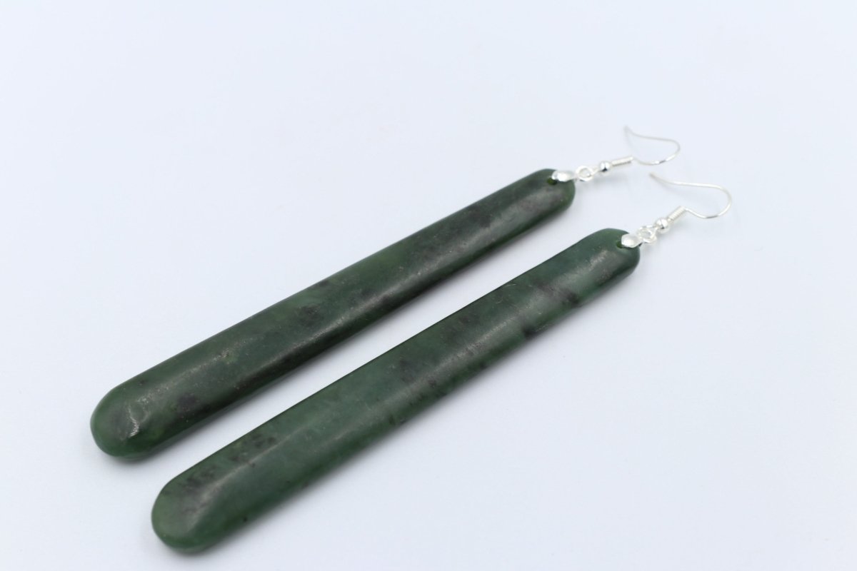 NZ Greenstone Earrings Drop Set in Stg Silver