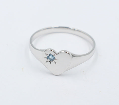 9ct White Gold Girls Signet Ring with Aquamarine