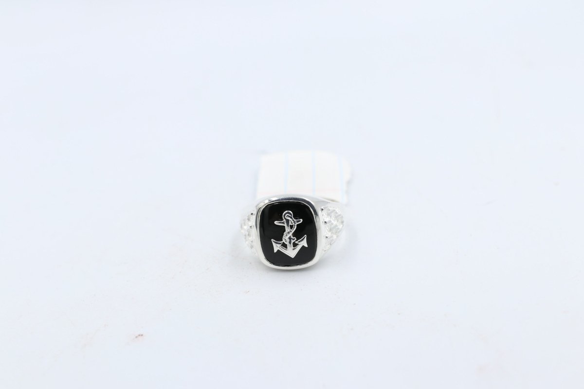Stg Silver Mens Ring with Black Onyx  & silver Anchor