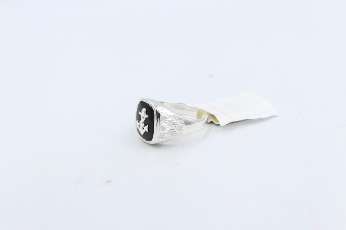 Stg Silver Mens Ring with Black Onyx  & silver Anchor