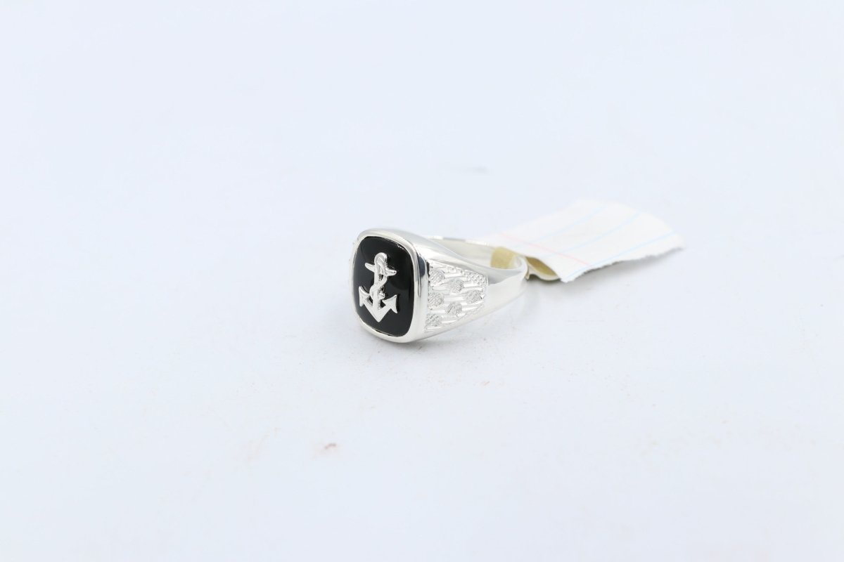 Stg Silver Mens Ring with Black Onyx  & silver Anchor