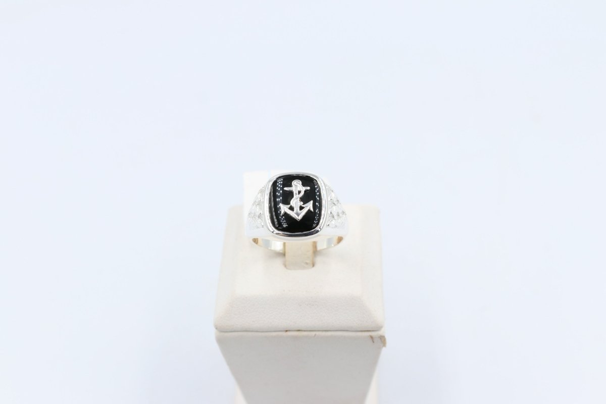 Stg Silver Mens Ring with Black Onyx  & silver Anchor