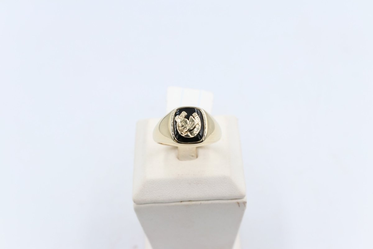 9ct Mens Ring with Black Onyx  & silver Horsehead