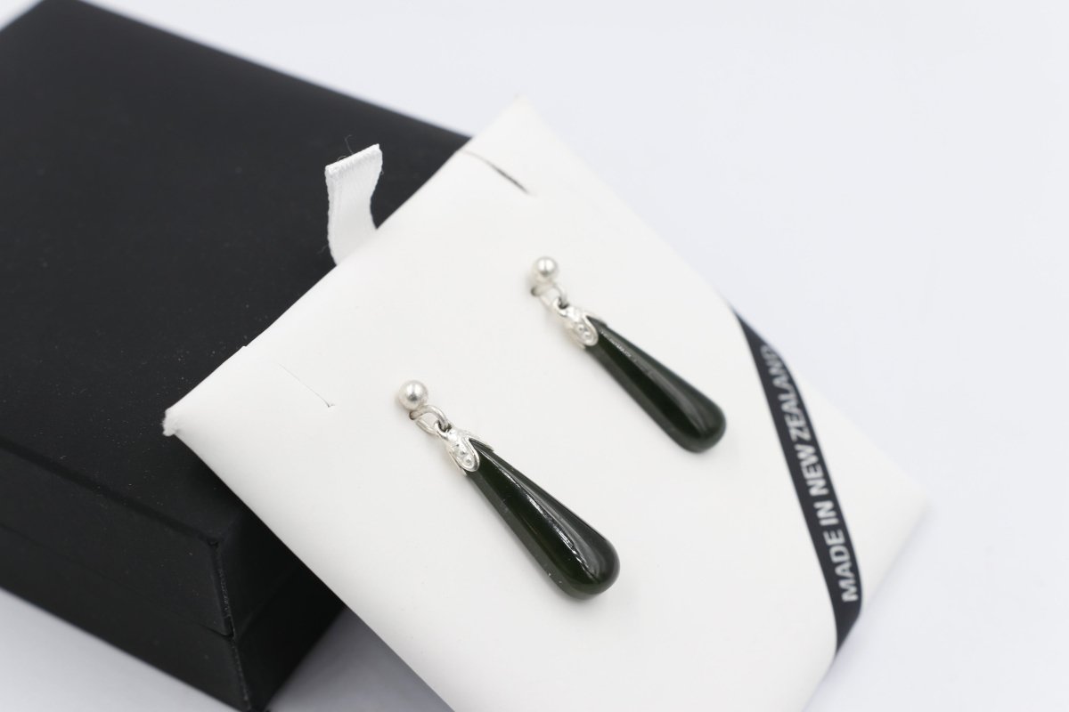 New Zealand Greenstone  Drop Earrings with Stg silver setting