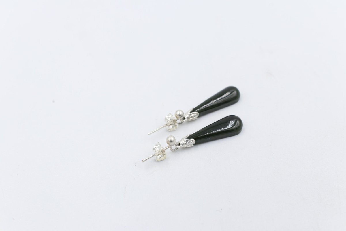 New Zealand Greenstone  Drop Earrings with Stg silver setting