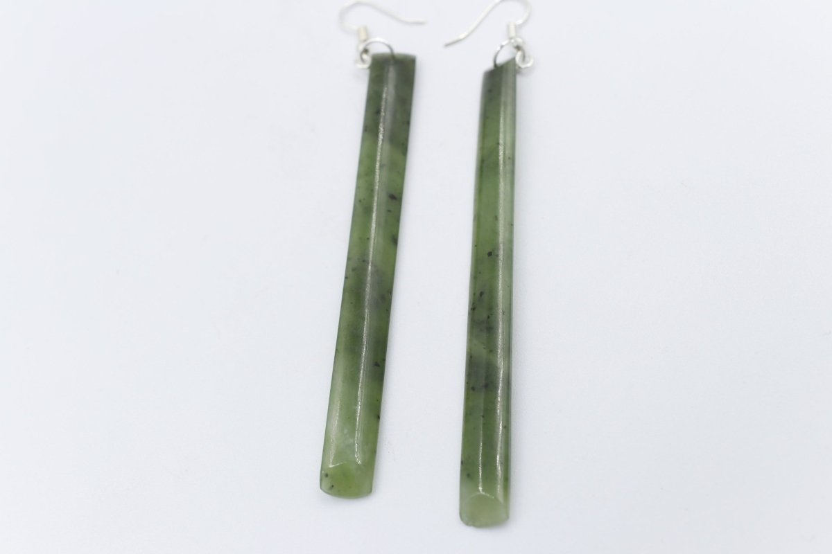 New Zealand Greenstone Drop Sth Silver set Toki Earrings GE007