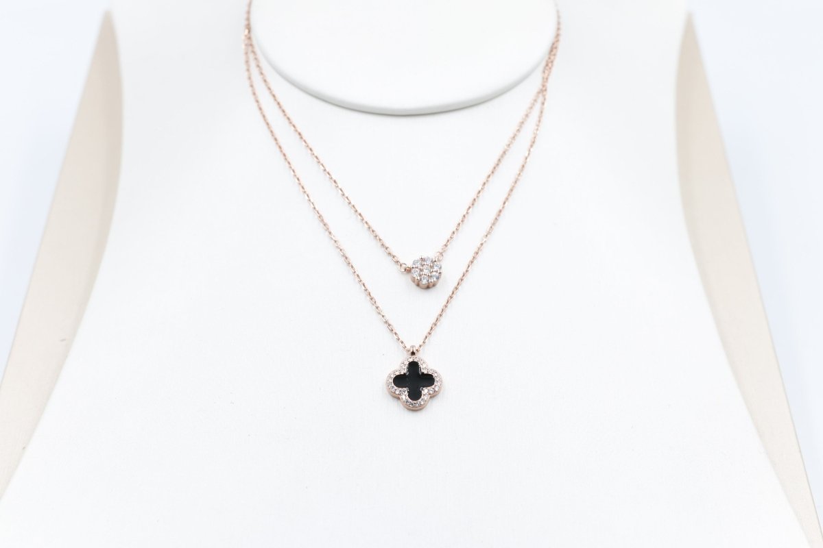 Stg Silver Rose Gold Plate Necklace with Black Motif IRA16
