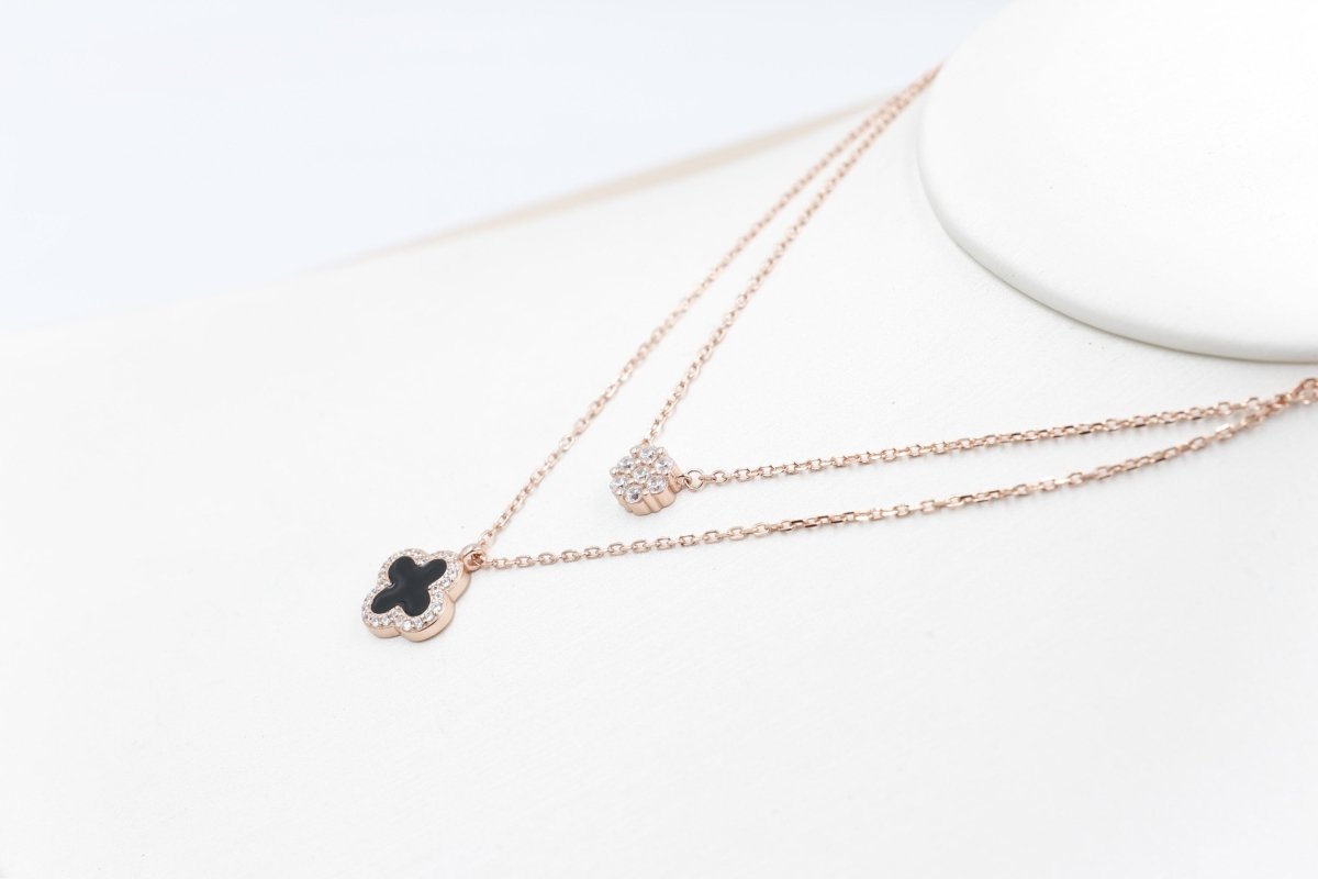 Stg Silver Rose Gold Plate Necklace with Black Motif IRA16