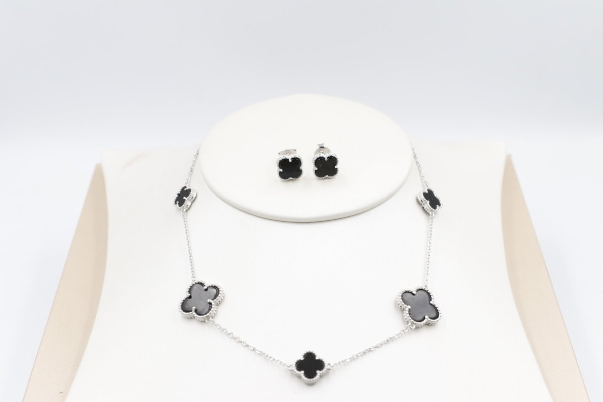 Stg Silver Necklace and Earring set with Black Motif IRA01