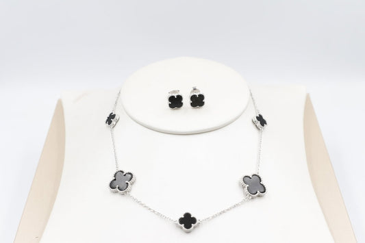 Stg Silver Necklace and Earring set with Black Motif IRA01