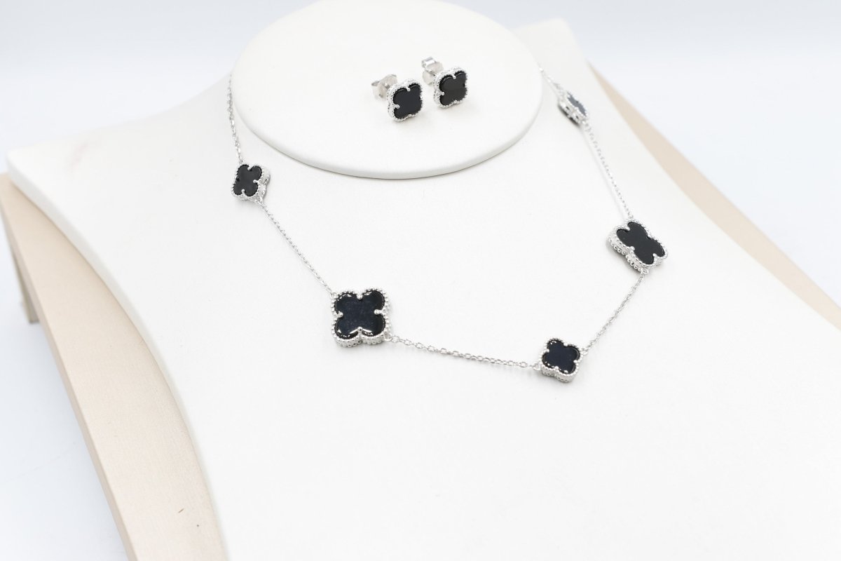 Stg Silver Necklace and Earring set with Black Motif IRA01