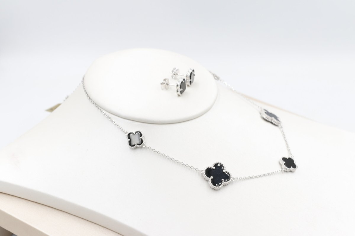 Stg Silver Necklace and Earring set with Black Motif IRA01