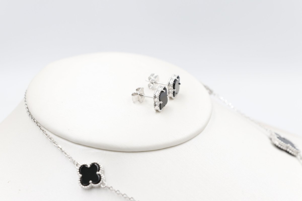 Stg Silver Necklace and Earring set with Black Motif IRA01