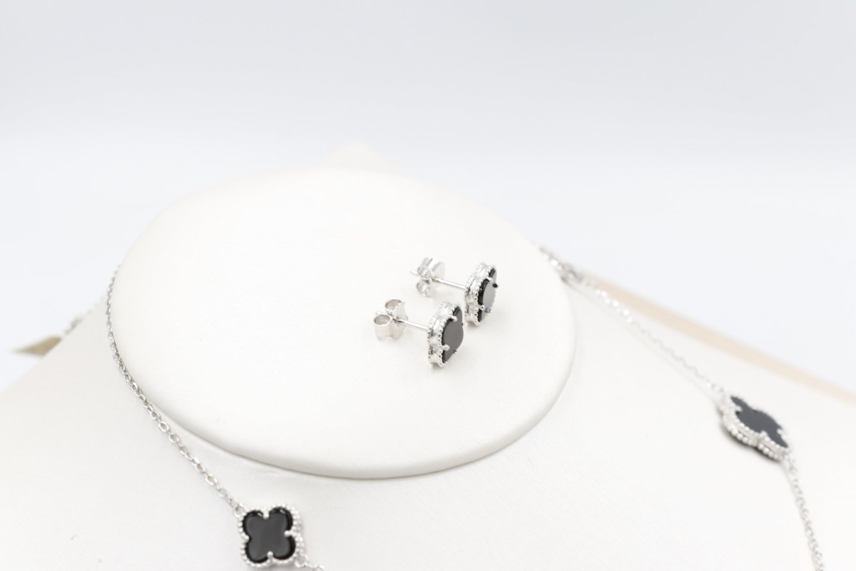 Stg Silver Necklace and Earring set with Black Motif IRA01
