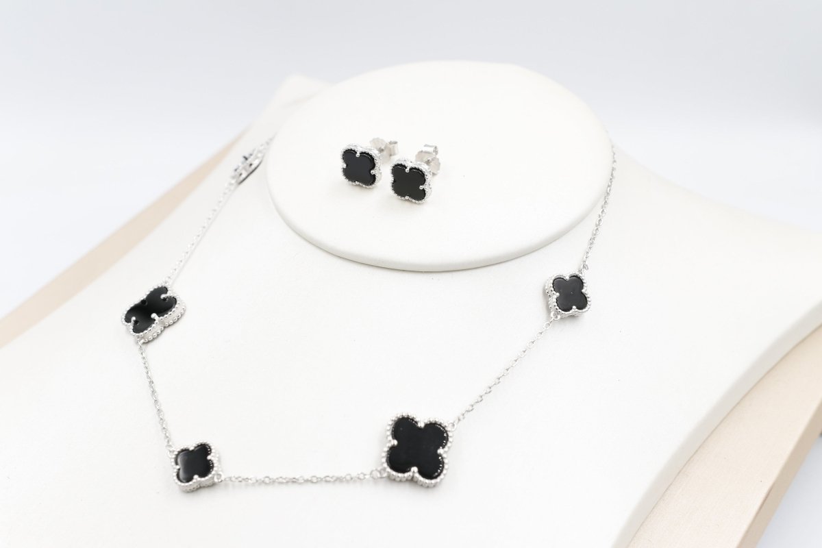 Stg Silver Necklace and Earring set with Black Motif IRA01