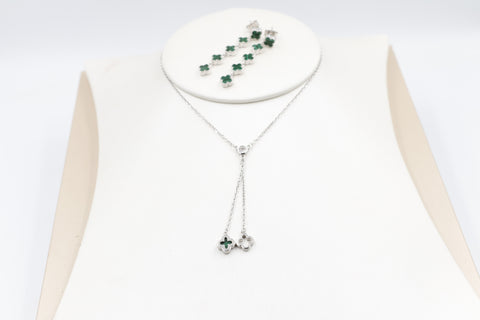 Stg Silver Necklace & Earring set with Green Motif IRA04